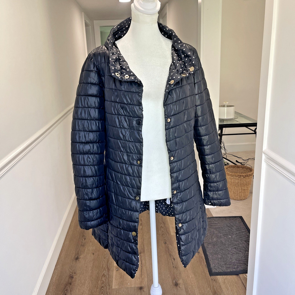 Women Black Polka Dot Puffer Jacket Size M Reversible Light Weight Rain Packable